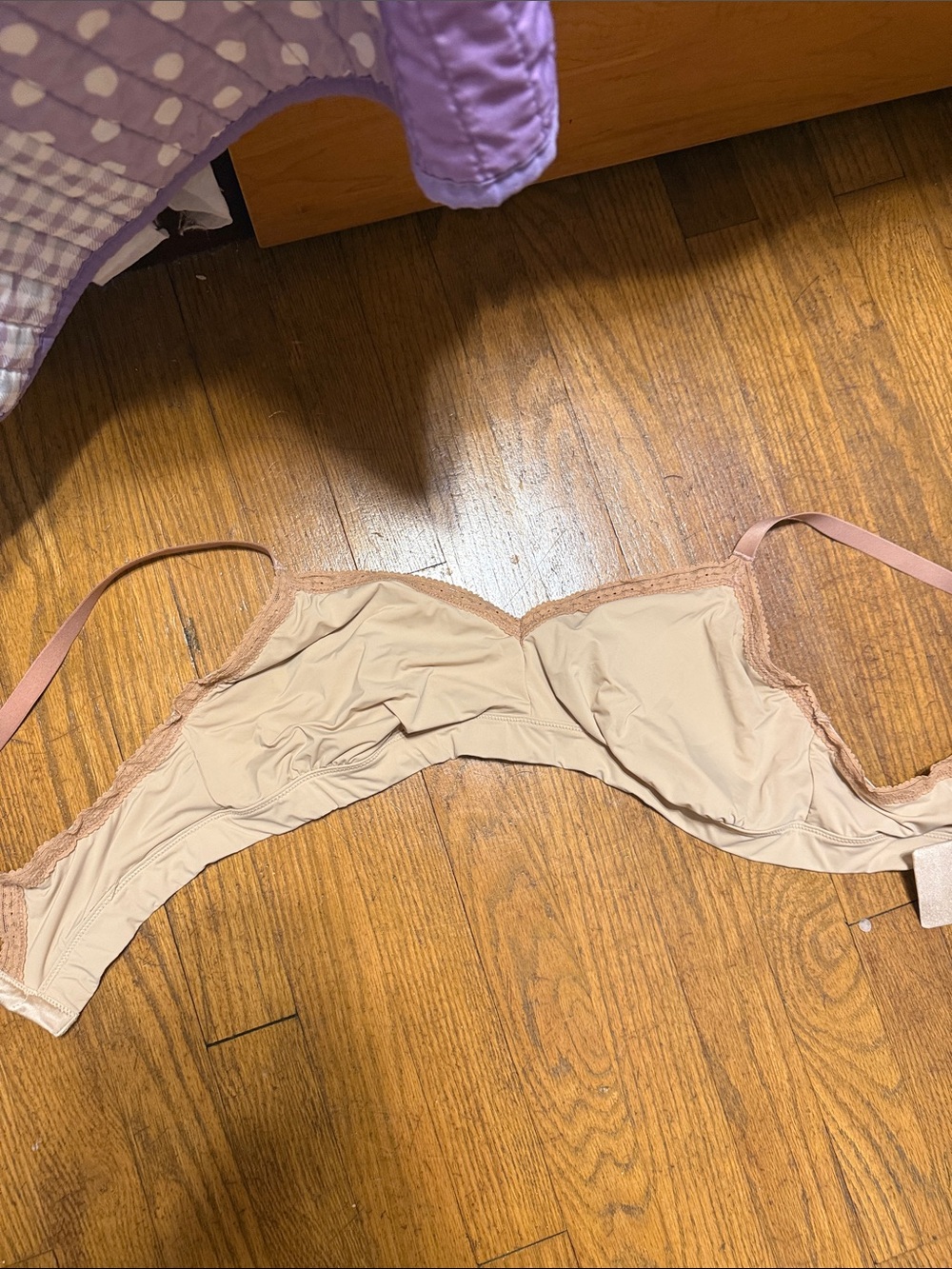 aerie Nude Lace-Trim Unlined Bra with Pink Straps